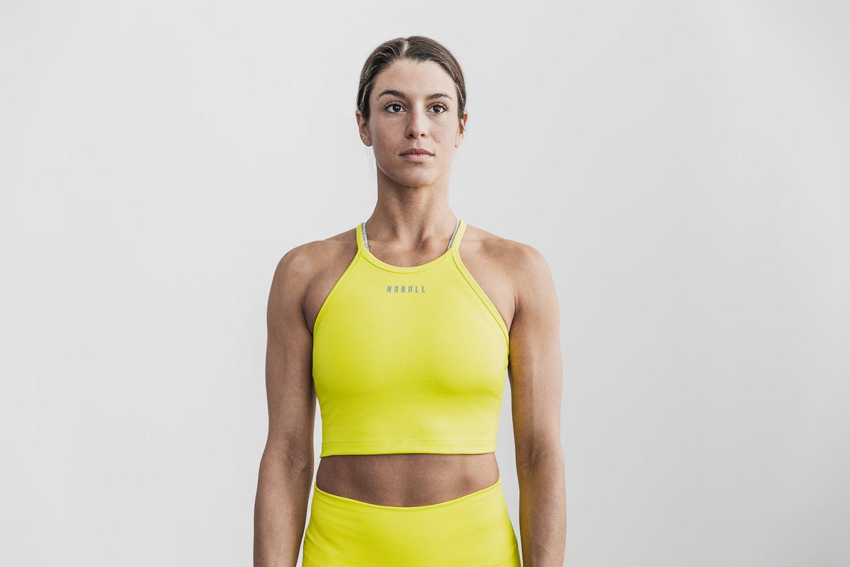 Nobull Halter Crop Neon Ribbed Women\'s Tank Tops Yellow | Australia (OC0245)